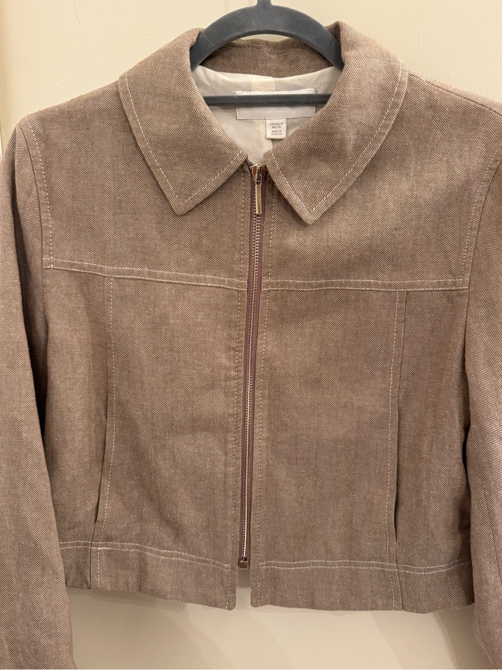 Zara Brown Herringbone Cropped Zip Jacket M Contrast Stitching